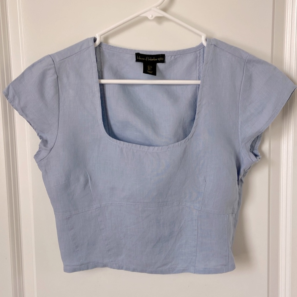 HOUSE OF HARLOW 1960 LINEN BLUE CROP TOP WITH SIDE ZIPPER Size Small